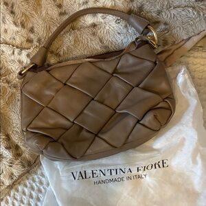 Valentina Taupe Woven Shoulder Bag with Gold Hardware